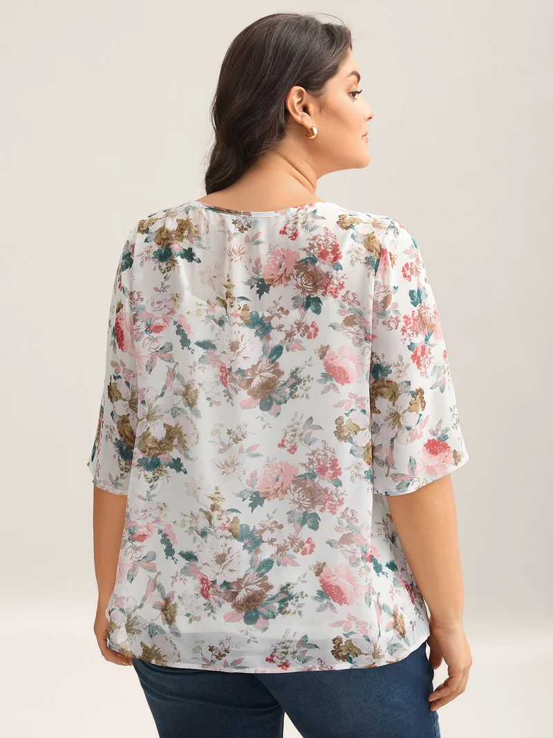 Large Flower Print Sheer Lined Shirt