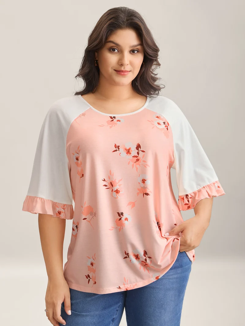 Floral Print Spliced Lotus Leaf Sleeve T-Shirt