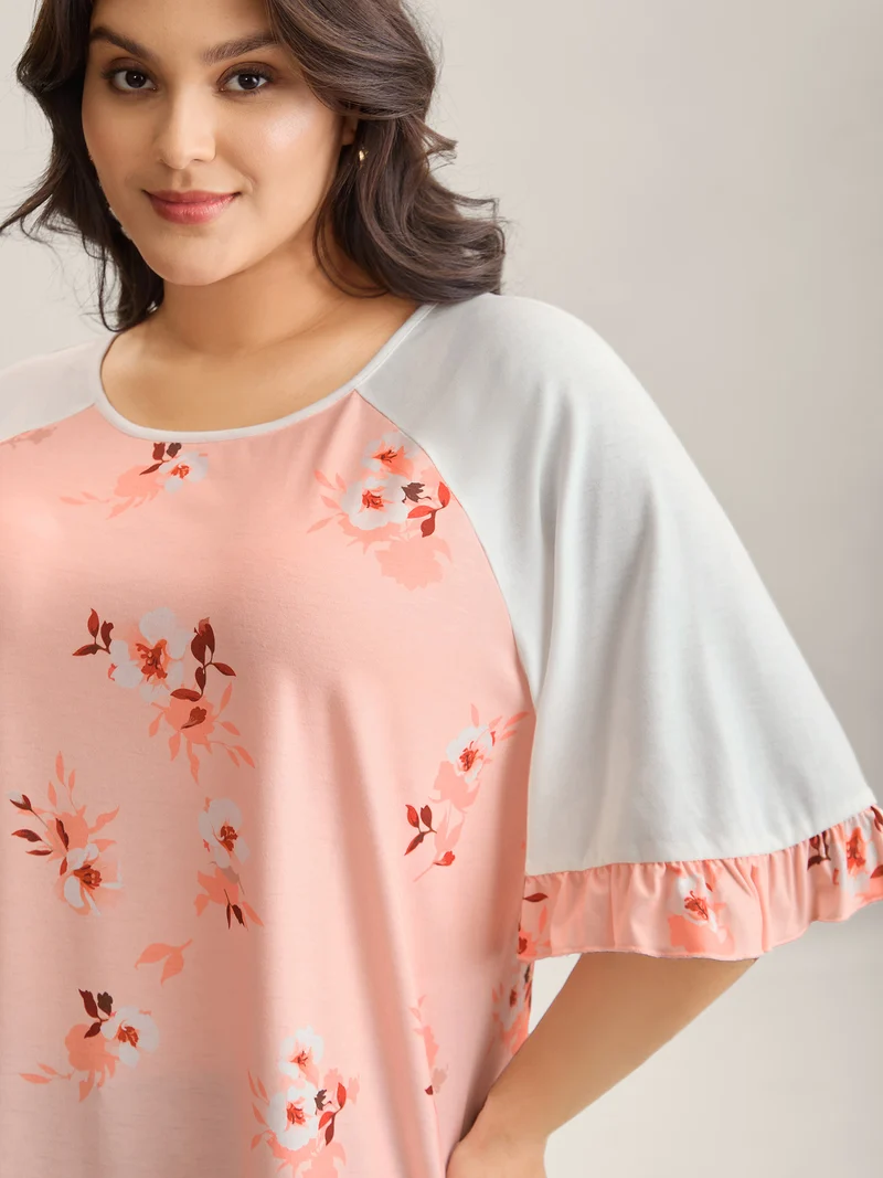 Floral Print Spliced Lotus Leaf Sleeve T-Shirt