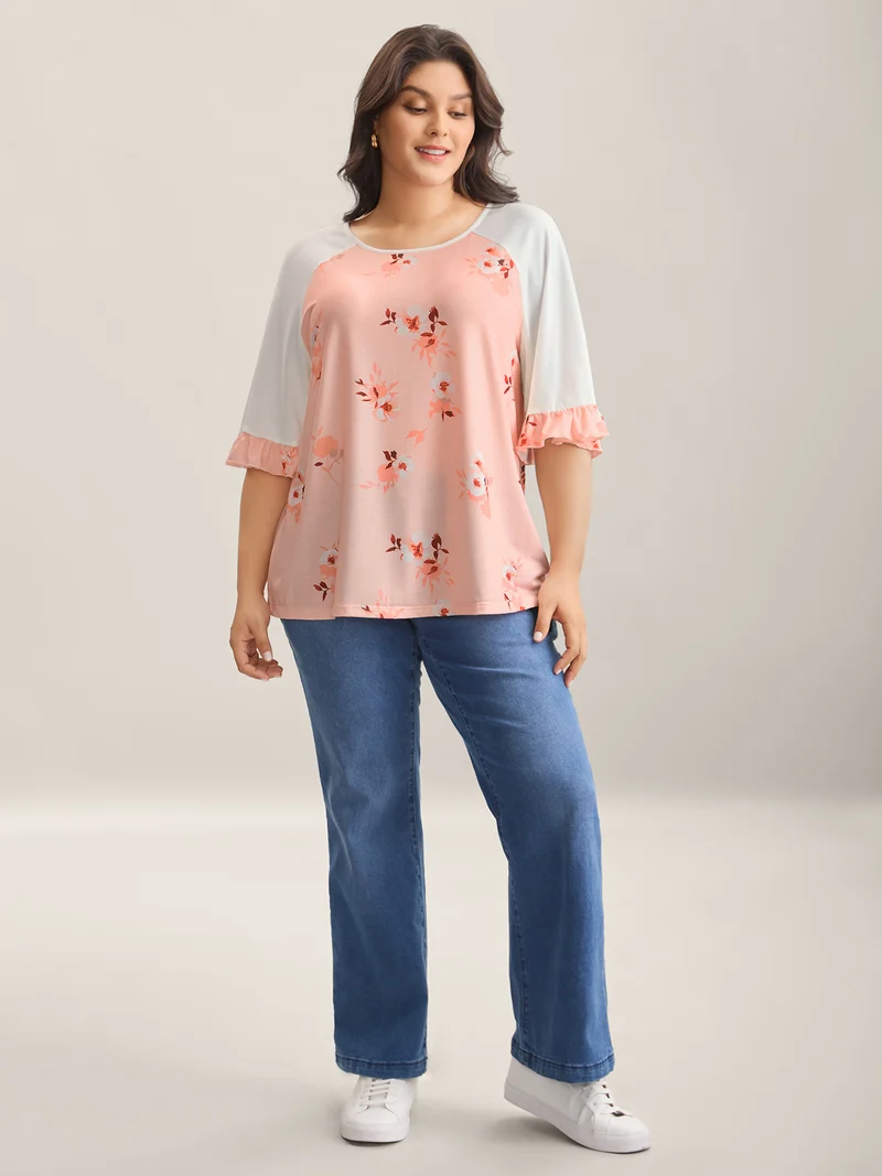 Floral Print Spliced Lotus Leaf Sleeve T-Shirt