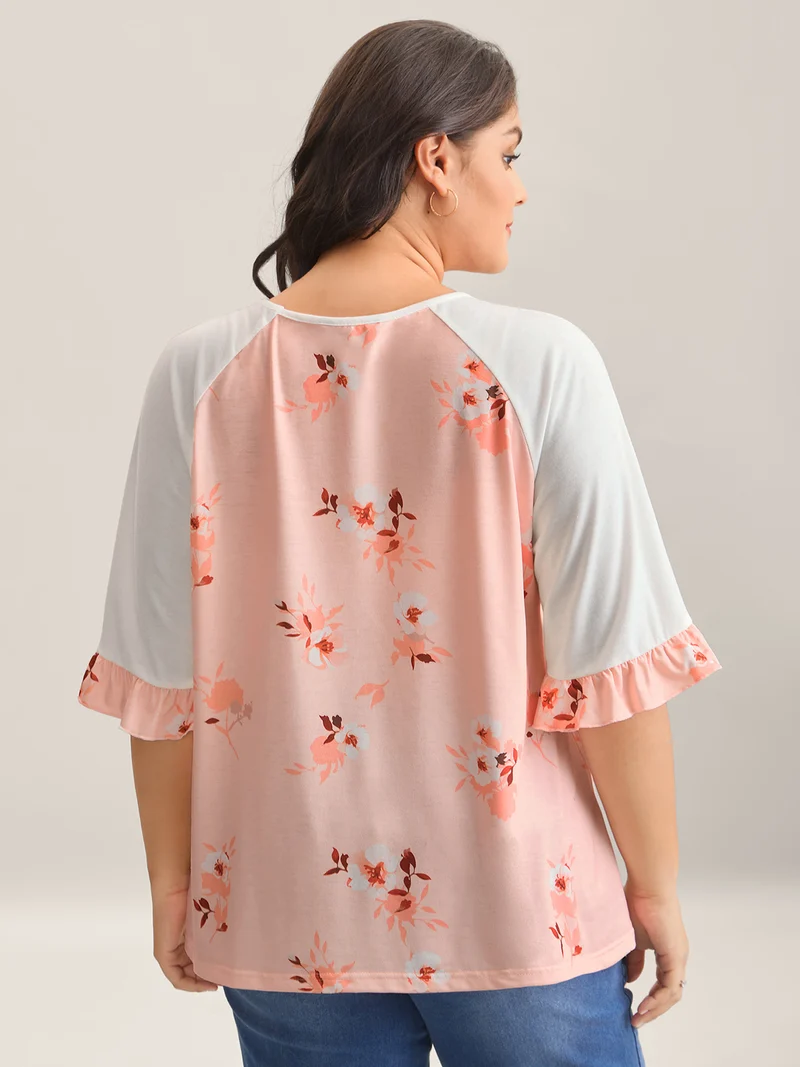 Floral Print Spliced Lotus Leaf Sleeve T-Shirt