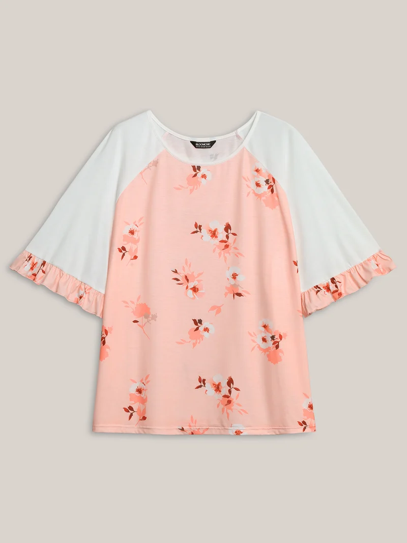 Floral Print Spliced Lotus Leaf Sleeve T-Shirt