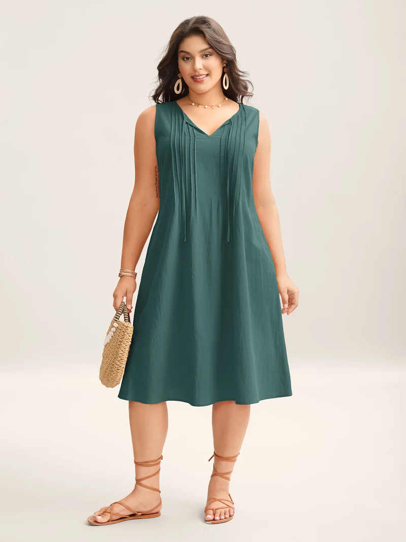 Cotton Toothpick Pleat Plain Midi Dress