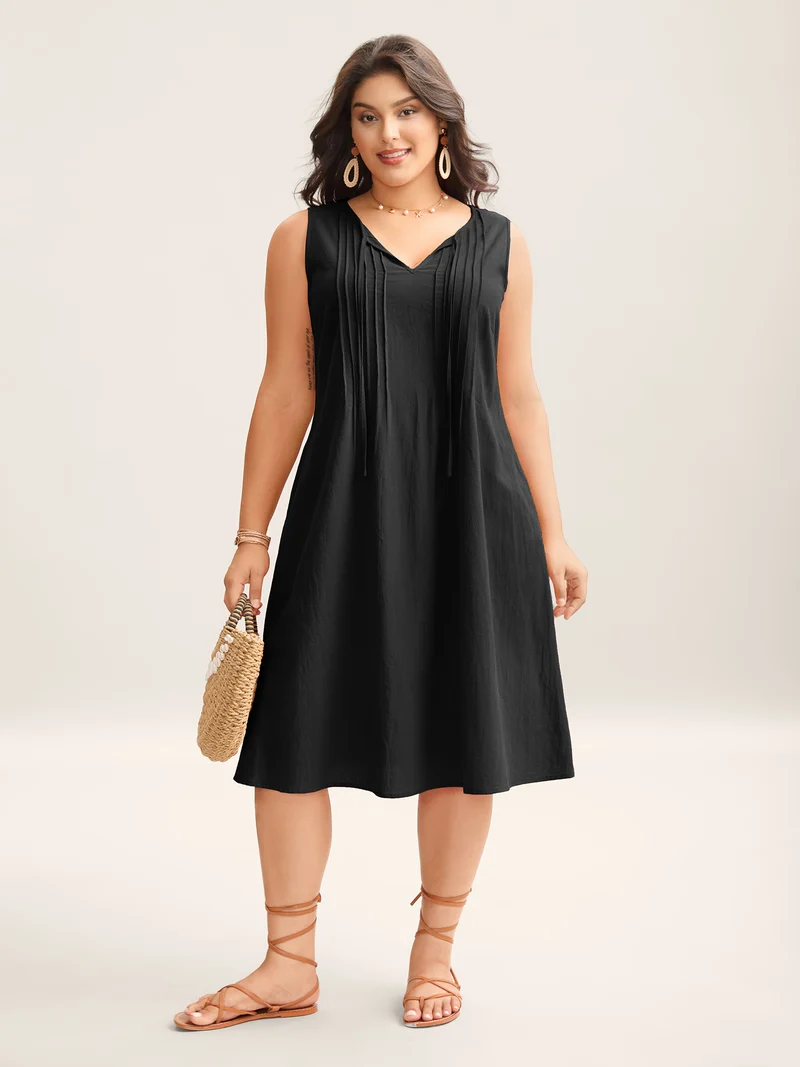 Cotton Toothpick Pleat Plain Midi Dress
