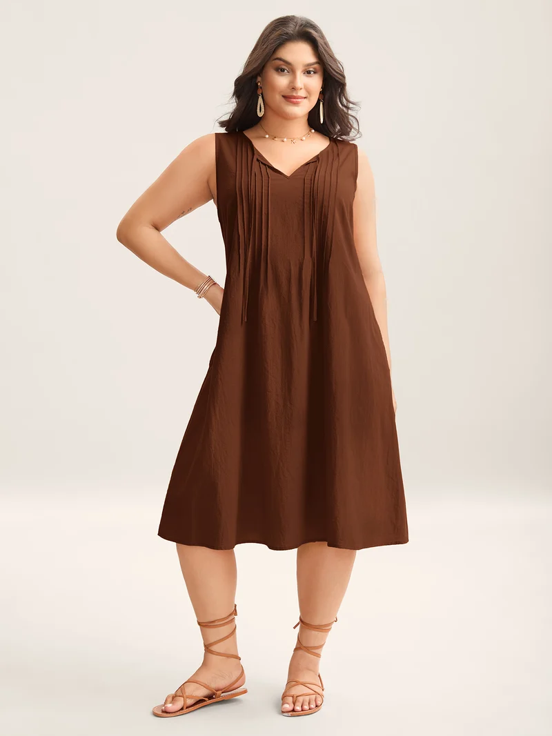 Cotton Toothpick Pleat Plain Midi Dress