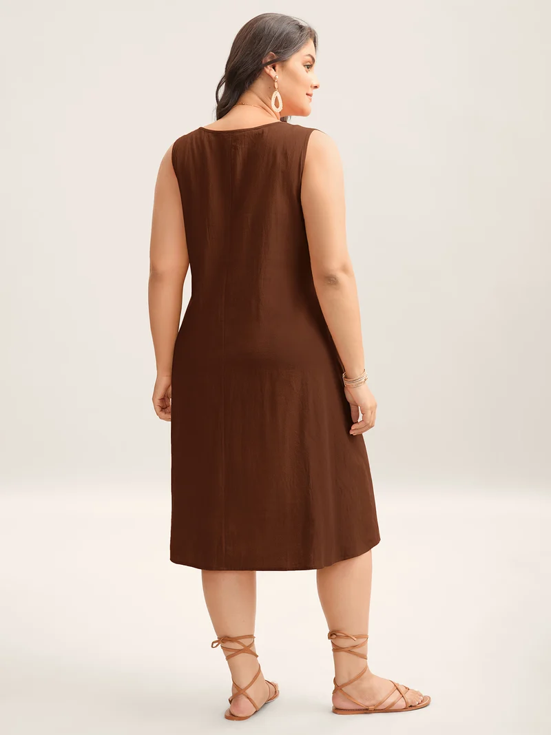 Cotton Toothpick Pleat Plain Midi Dress
