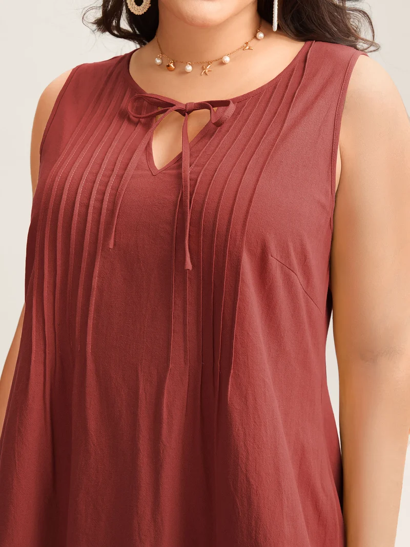 Cotton Toothpick Pleat Plain Midi Dress