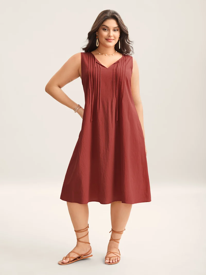 Cotton Toothpick Pleat Plain Midi Dress
