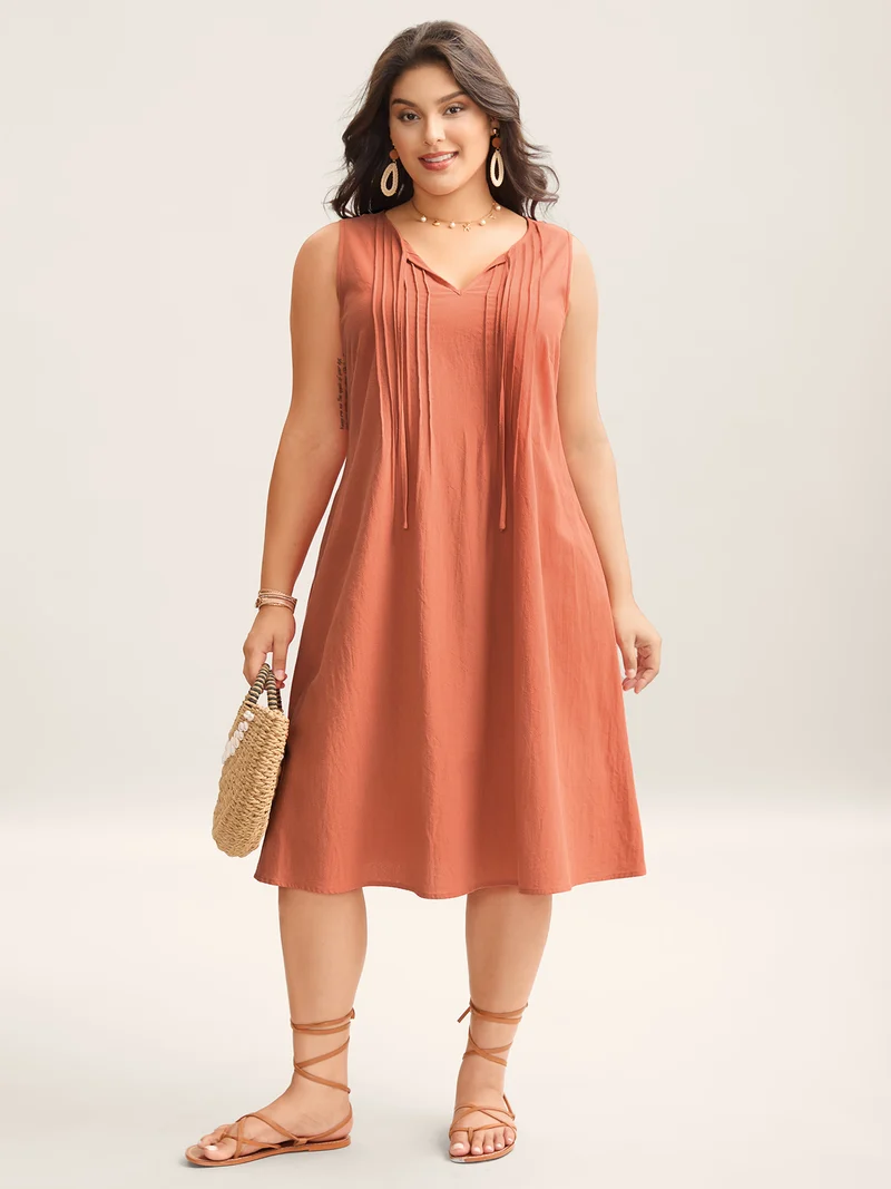 Cotton Toothpick Pleat Plain Midi Dress