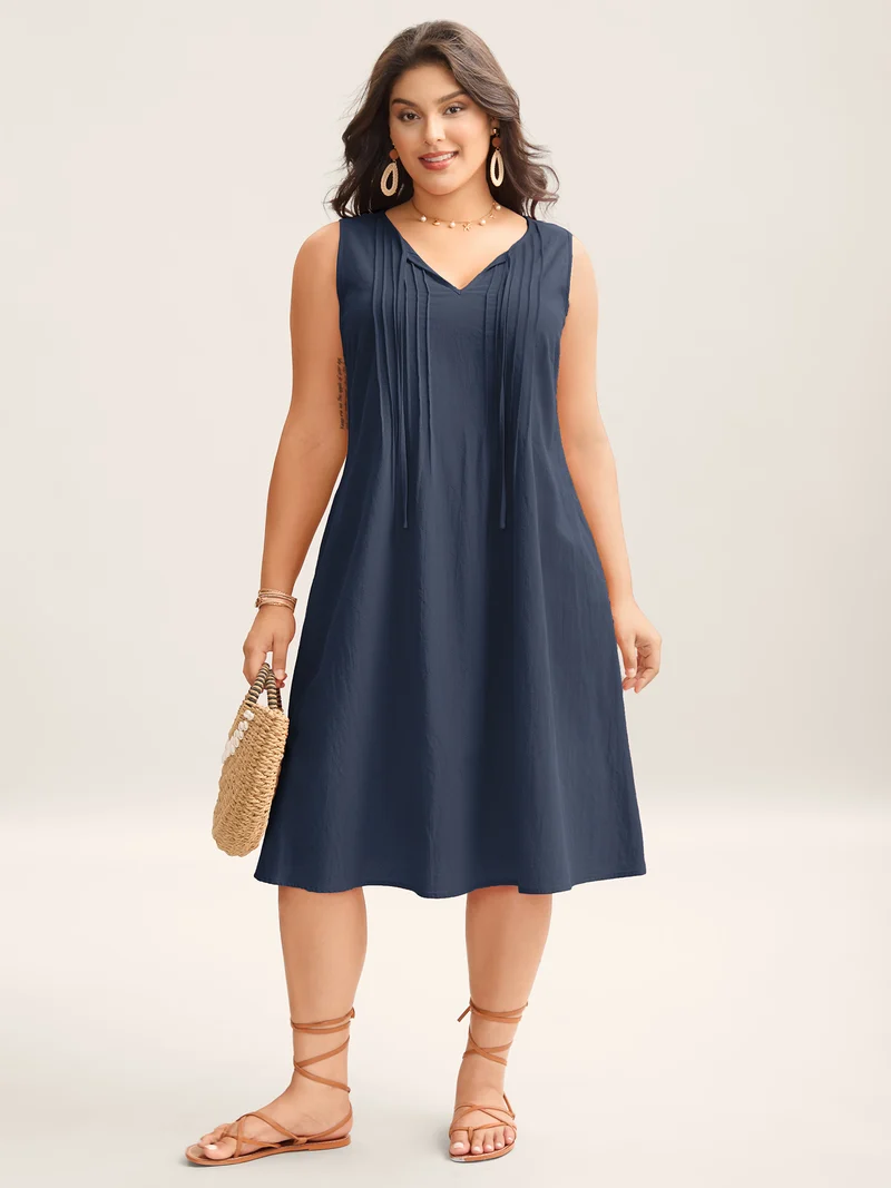Cotton Toothpick Pleat Plain Midi Dress