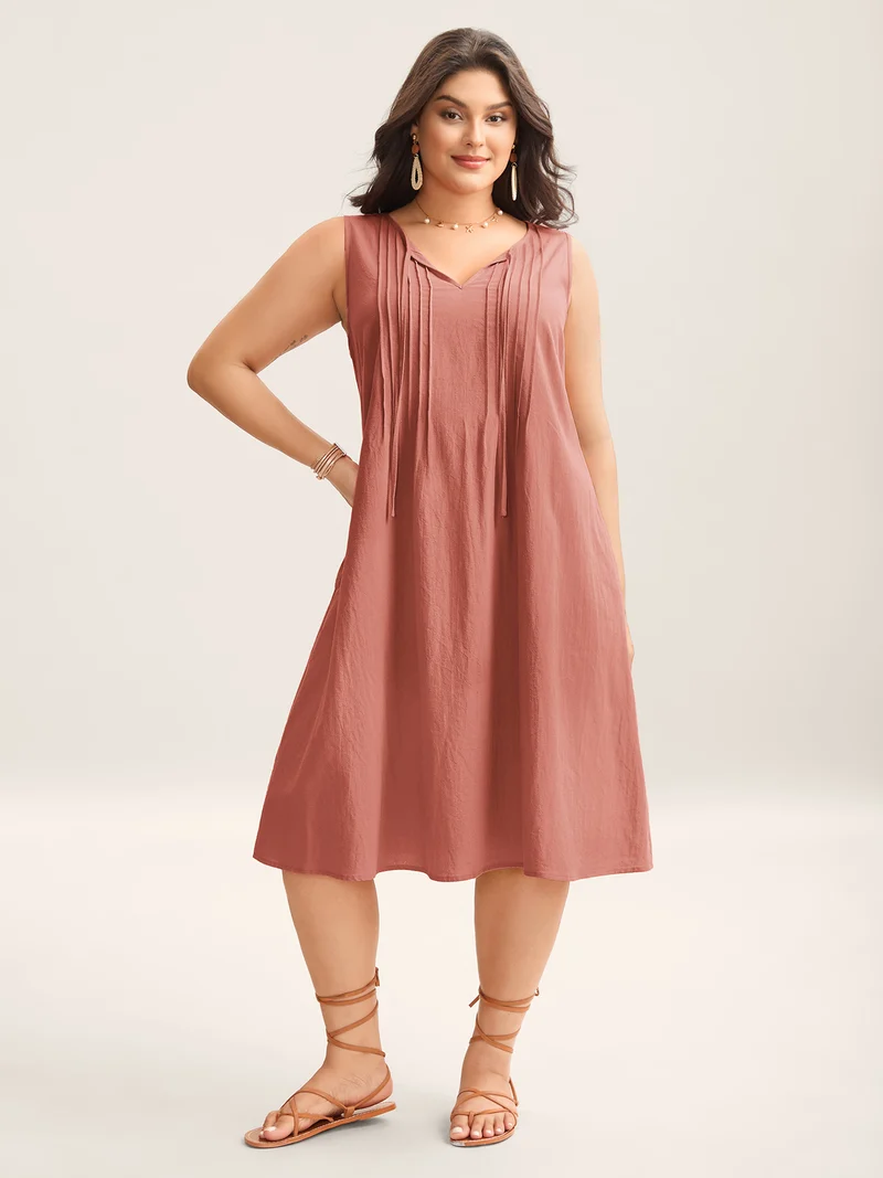 Cotton Toothpick Pleat Plain Midi Dress