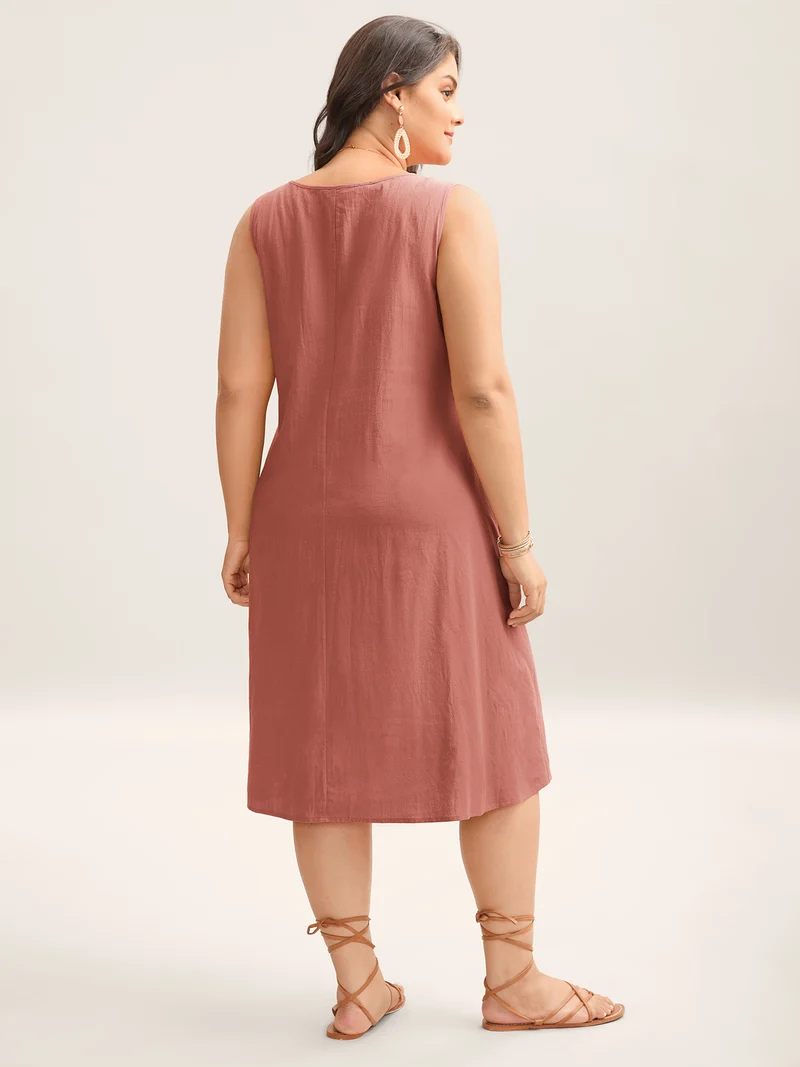 Cotton Toothpick Pleat Plain Midi Dress