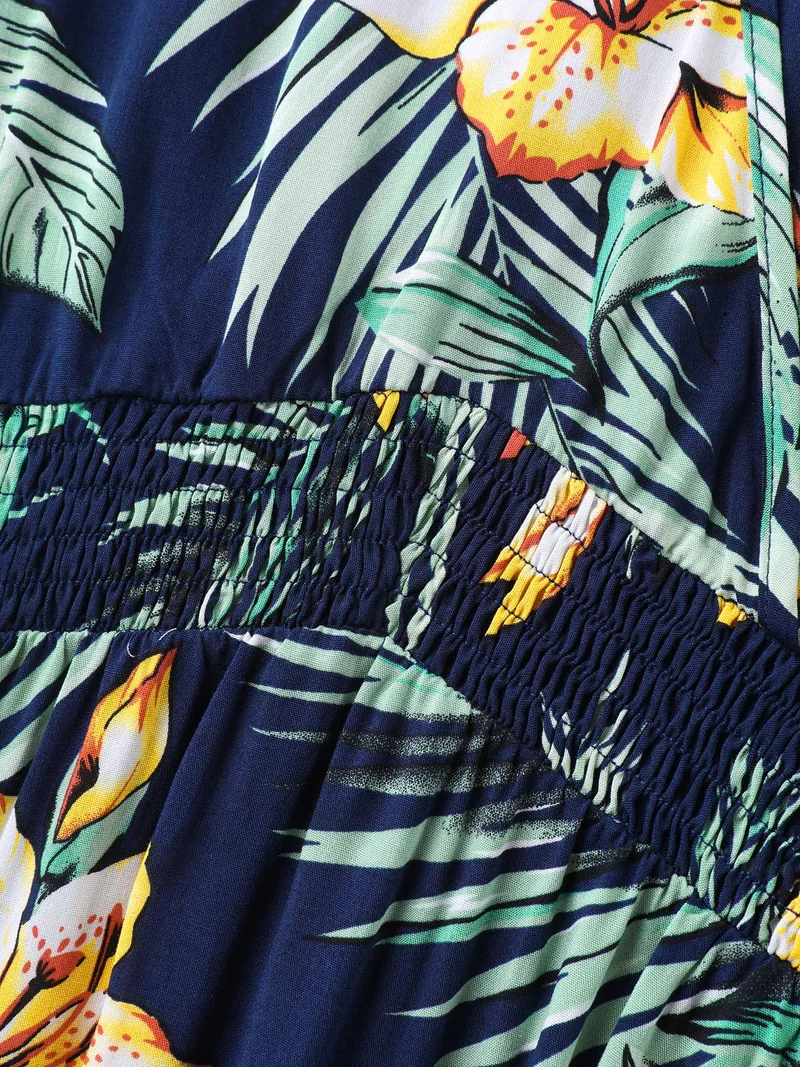 Tropical Floral Print Shirred Waist Midi Dress