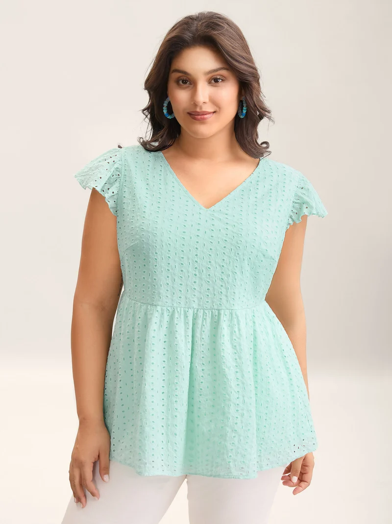 Cotton Embroidered Flutter Sleeve Babydoll Top