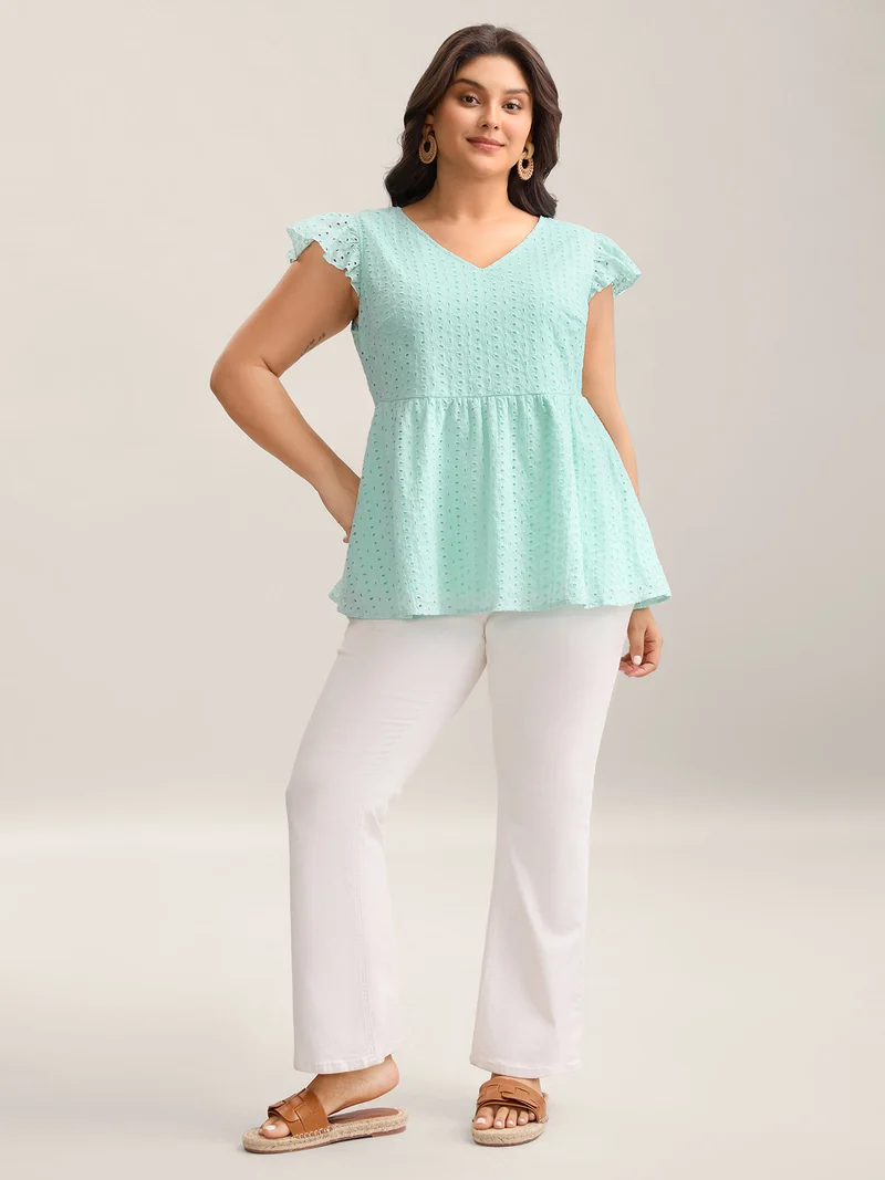 Cotton Embroidered Flutter Sleeve Babydoll Top