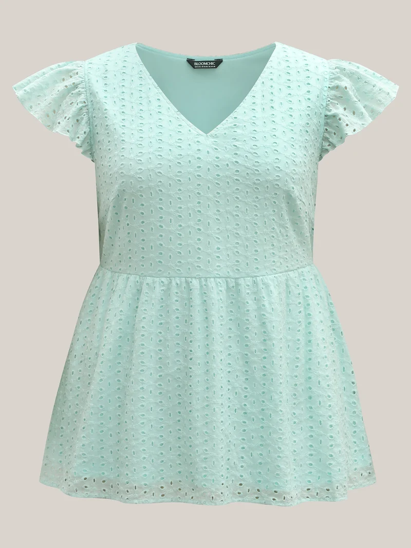 Cotton Embroidered Flutter Sleeve Babydoll Top
