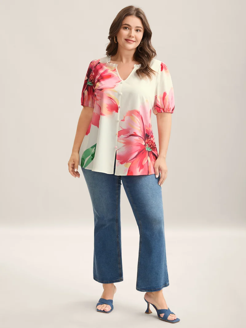 Floral Paradise Notched Collar Button Blouse