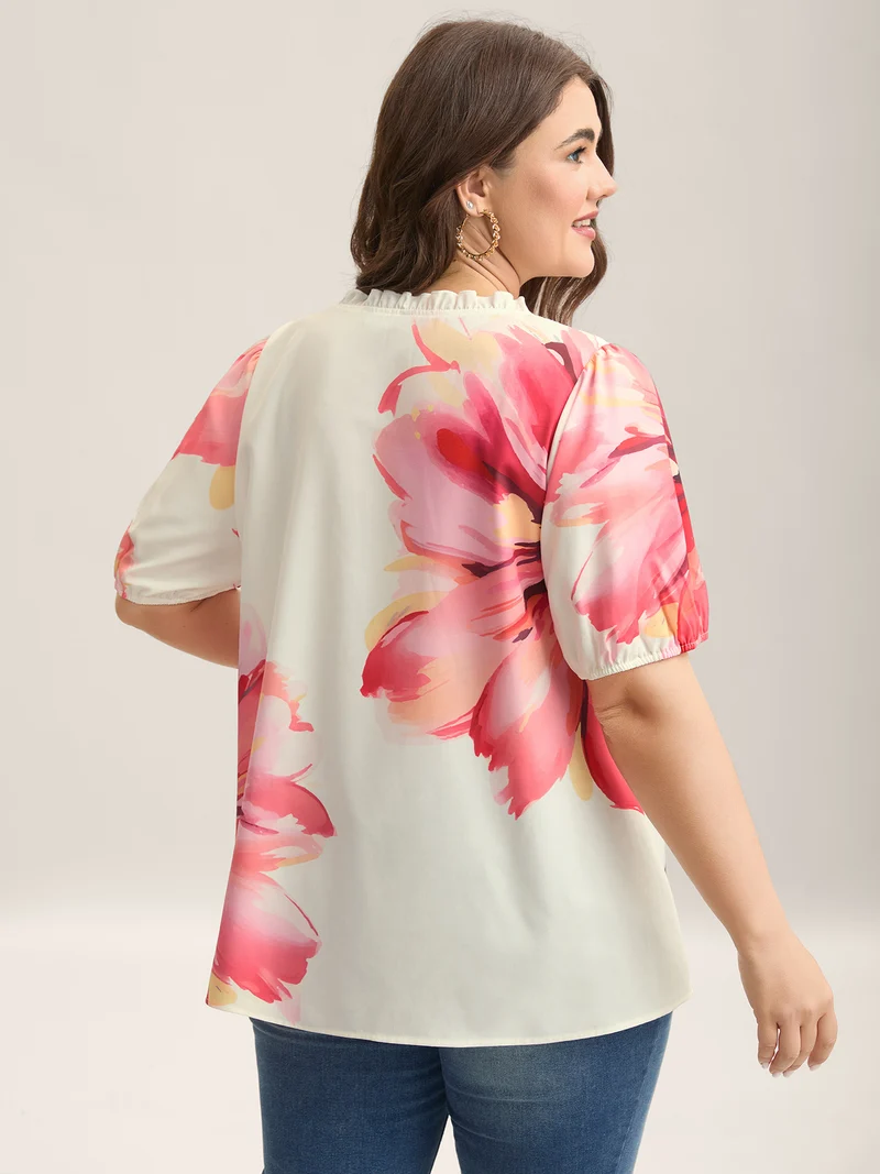 Floral Paradise Notched Collar Button Blouse