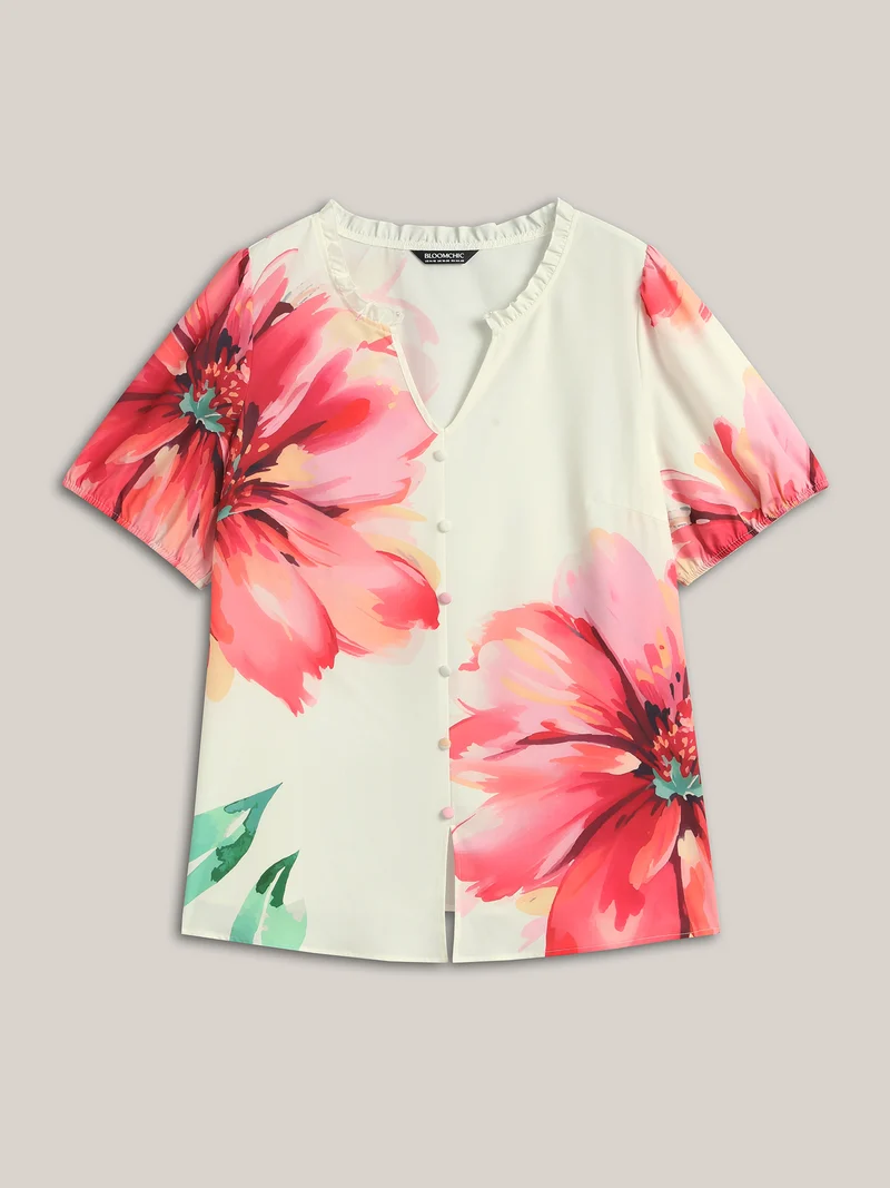 Floral Paradise Notched Collar Button Blouse