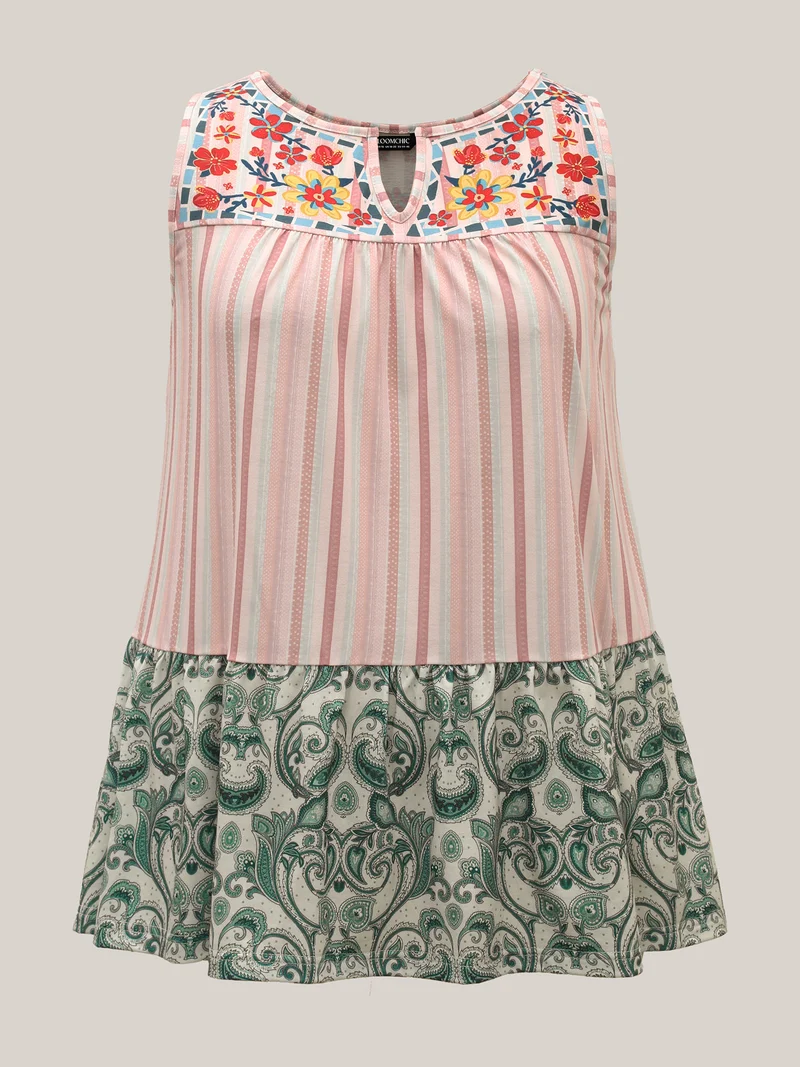 Striped Print Spliced Ruffled Tank Top
