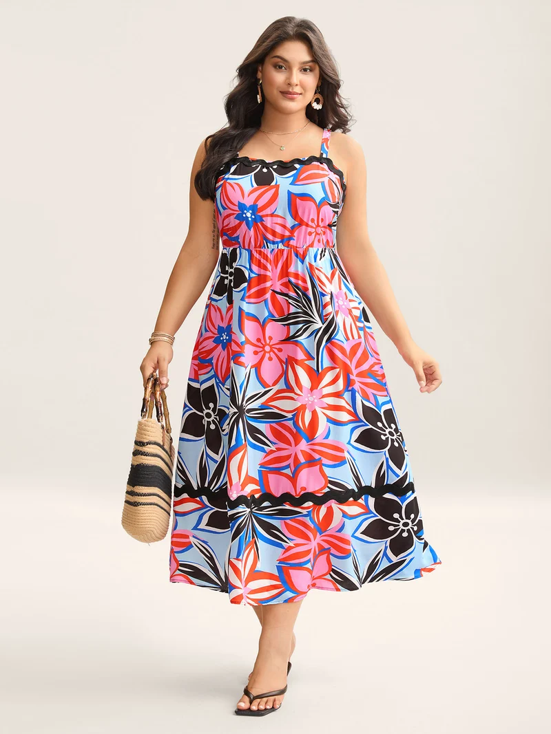 Rayon Tropical Print Spliced Webbed Midi Dress