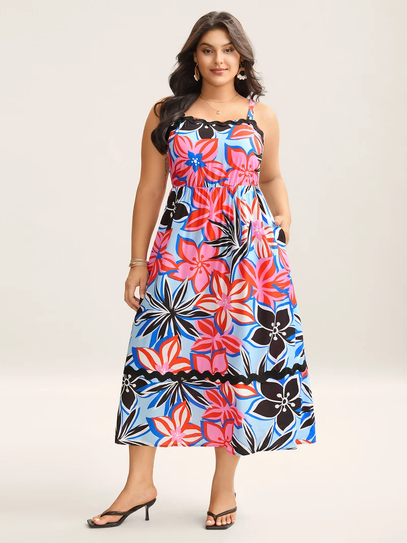 Rayon Tropical Print Spliced Webbed Midi Dress