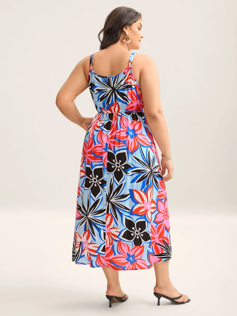 Rayon Tropical Print Spliced Webbed Midi Dress
