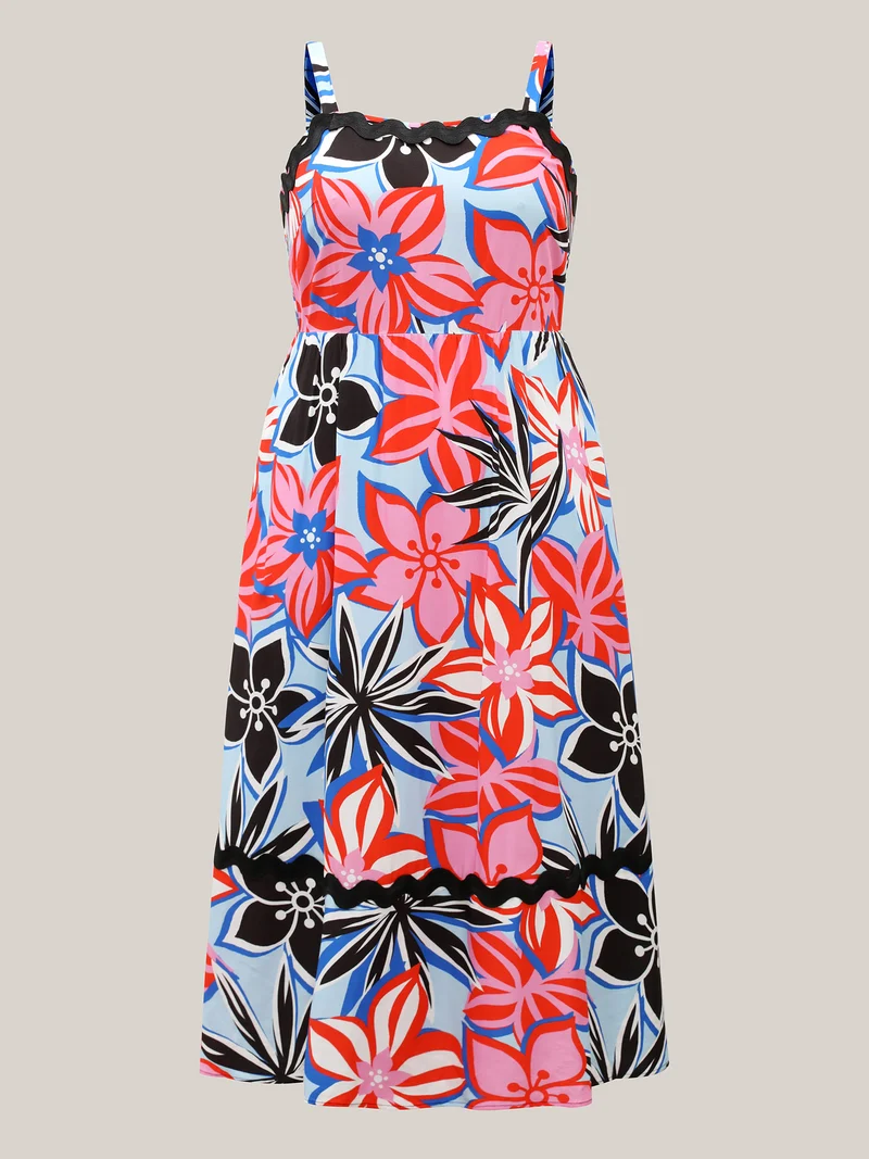 Rayon Tropical Print Spliced Webbed Midi Dress
