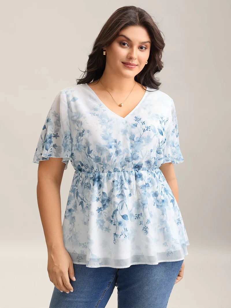 Floral Print Waist-Tie Flared Shirt