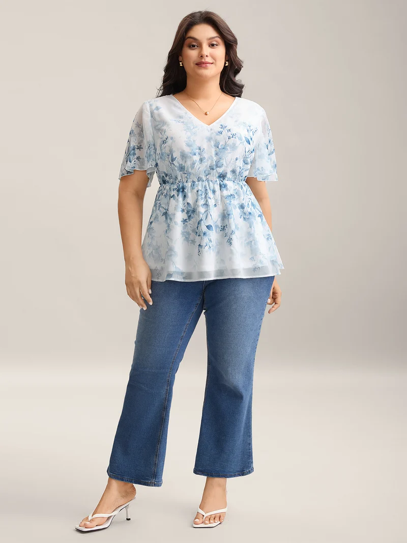 Floral Print Waist-Tie Flared Shirt