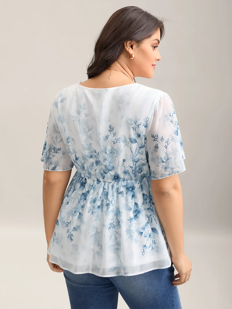 Floral Print Waist-Tie Flared Shirt
