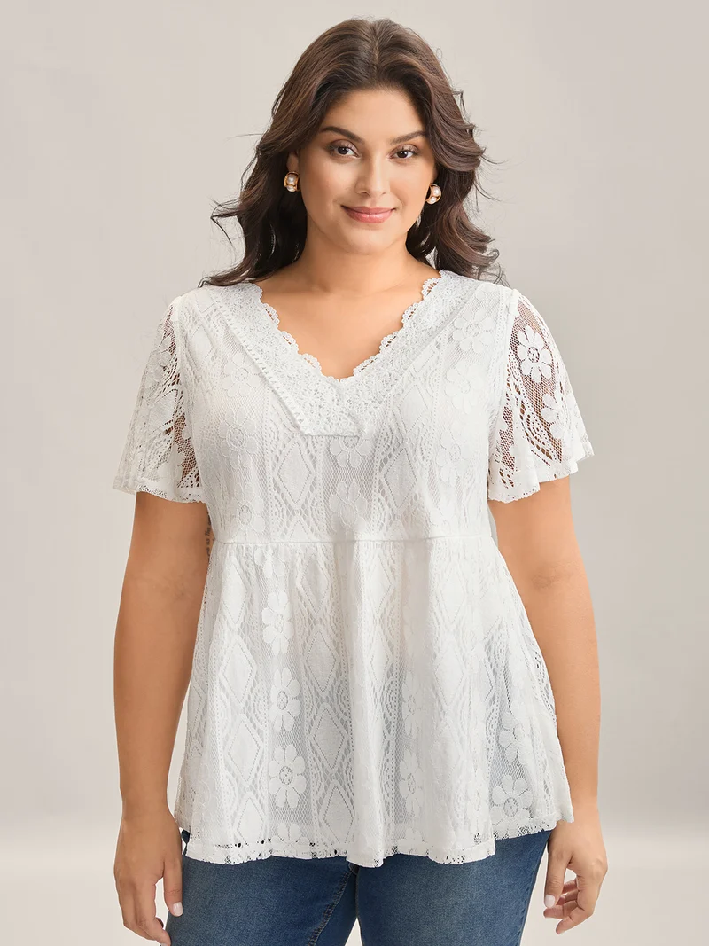 V Neck Lace Mesh Plain T-Shirt