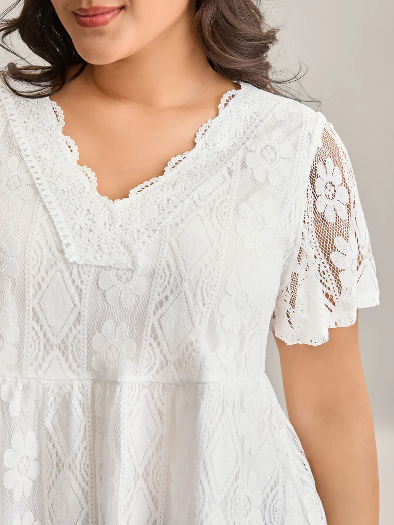 V Neck Lace Mesh Plain T-Shirt