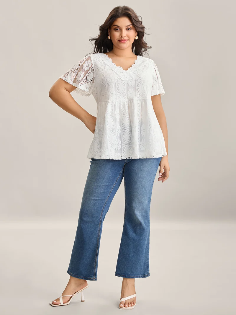 V Neck Lace Mesh Plain T-Shirt