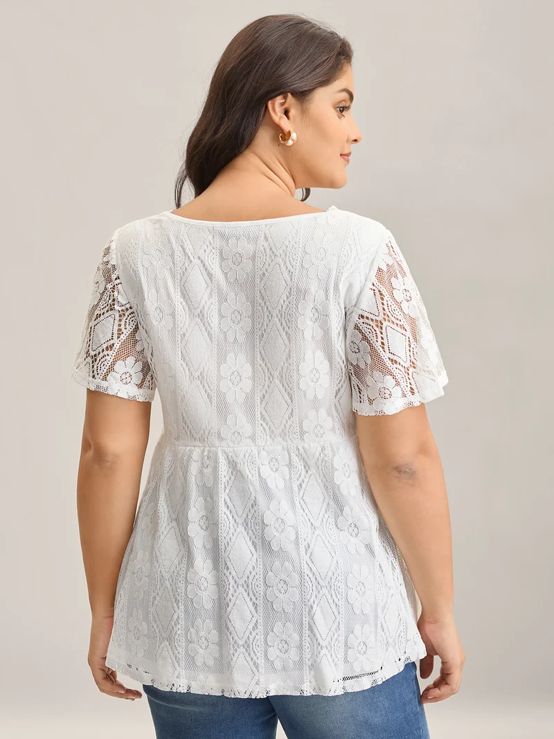 V Neck Lace Mesh Plain T-Shirt