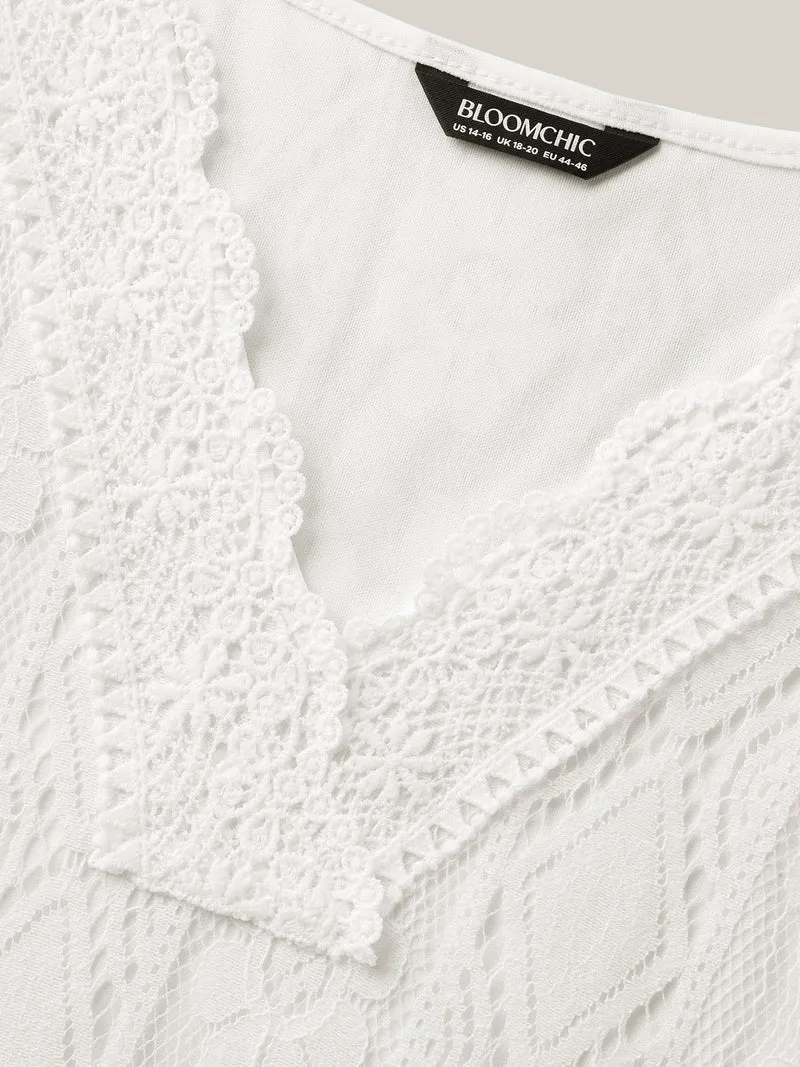 V Neck Lace Mesh Plain T-Shirt