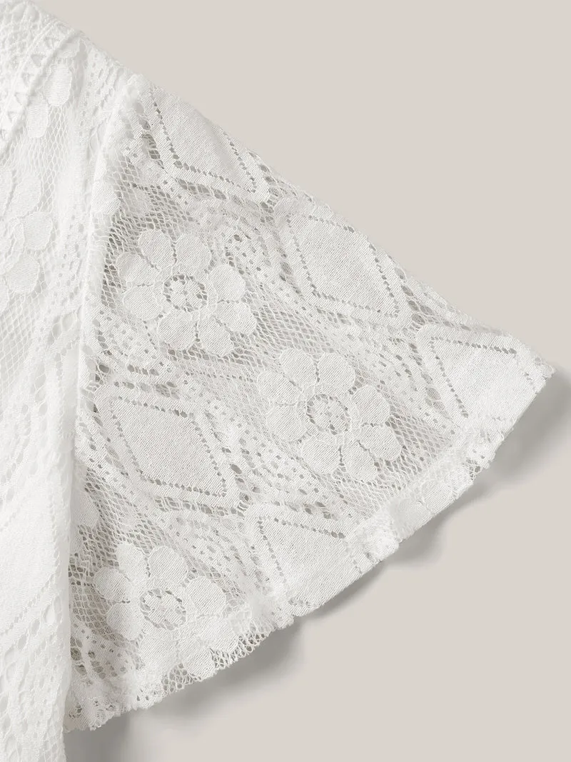 V Neck Lace Mesh Plain T-Shirt