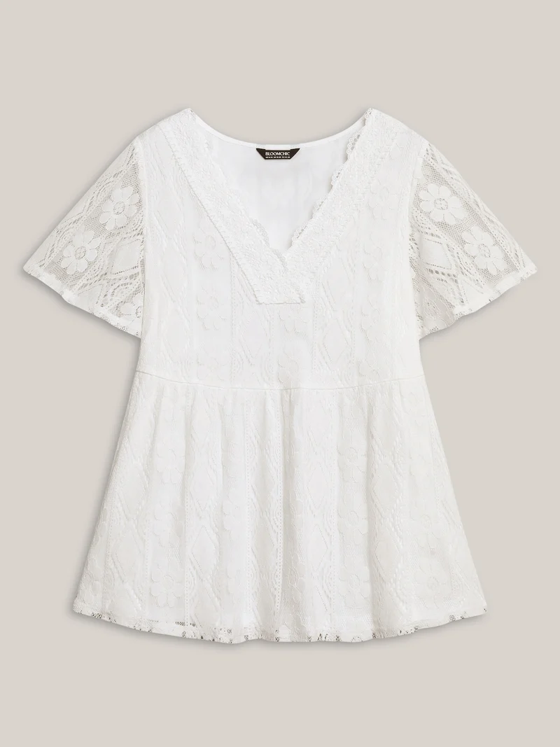 V Neck Lace Mesh Plain T-Shirt