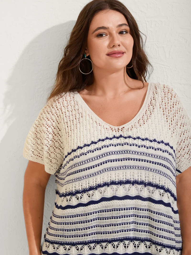 Stripes Crochet V-Neck Swim Cover-Up