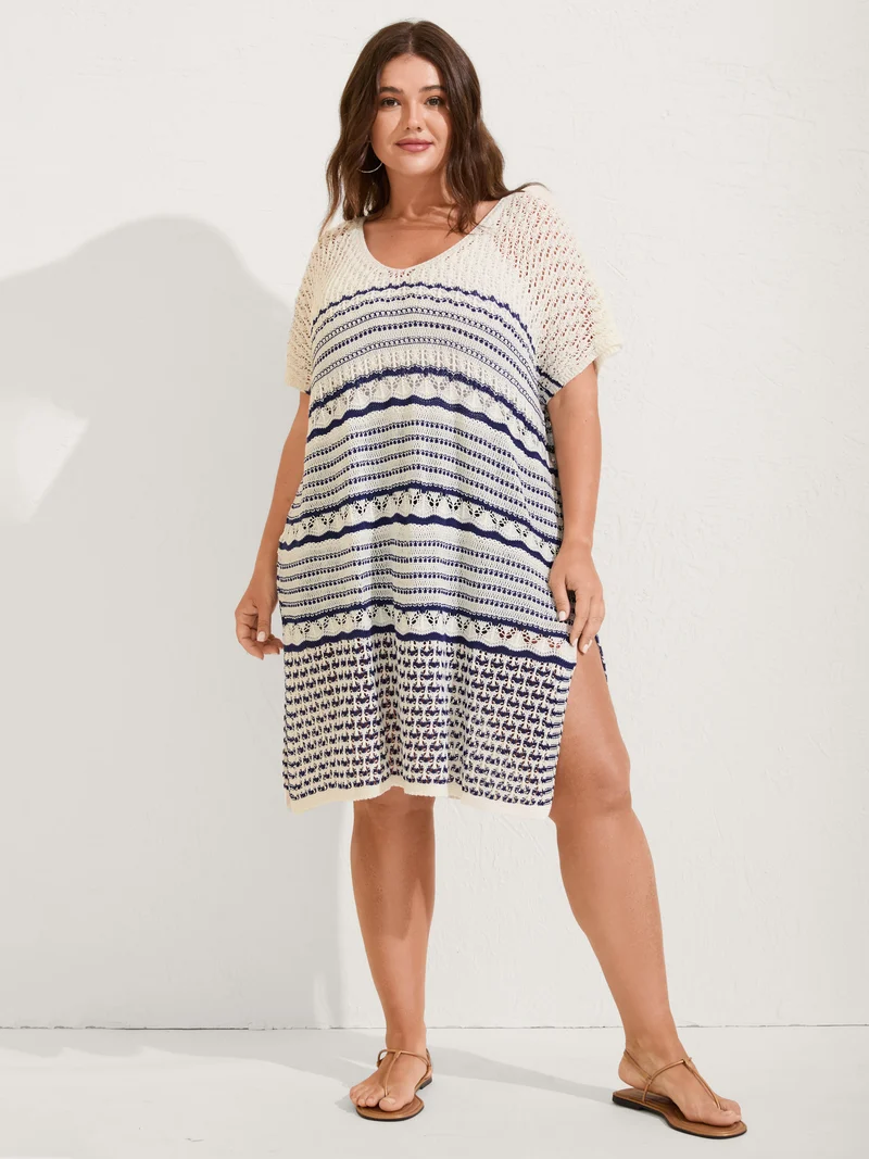 Stripes Crochet V-Neck Swim Cover-Up