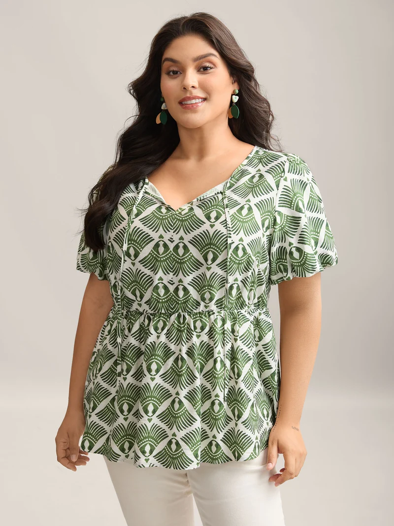 Large Floral Print Flared Sleeve Tie Blouse