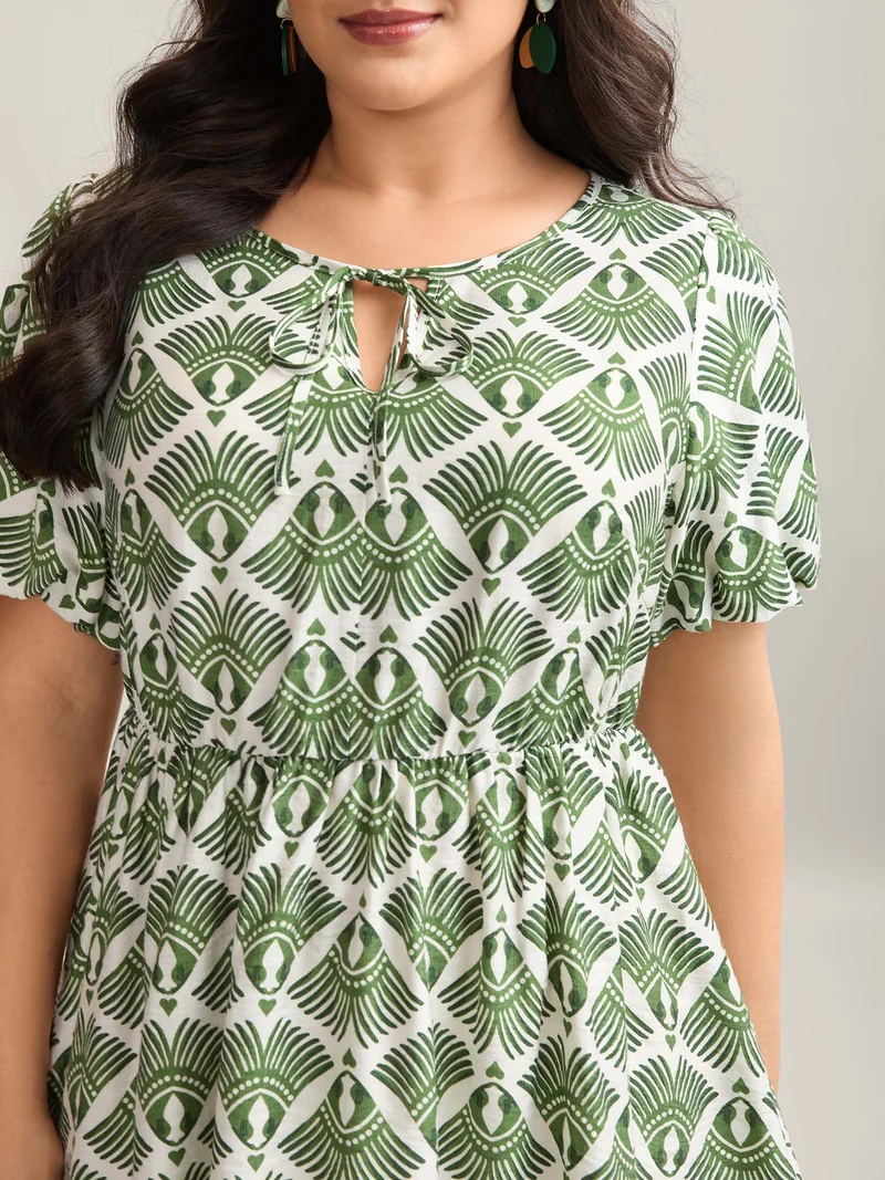Large Floral Print Flared Sleeve Tie Blouse