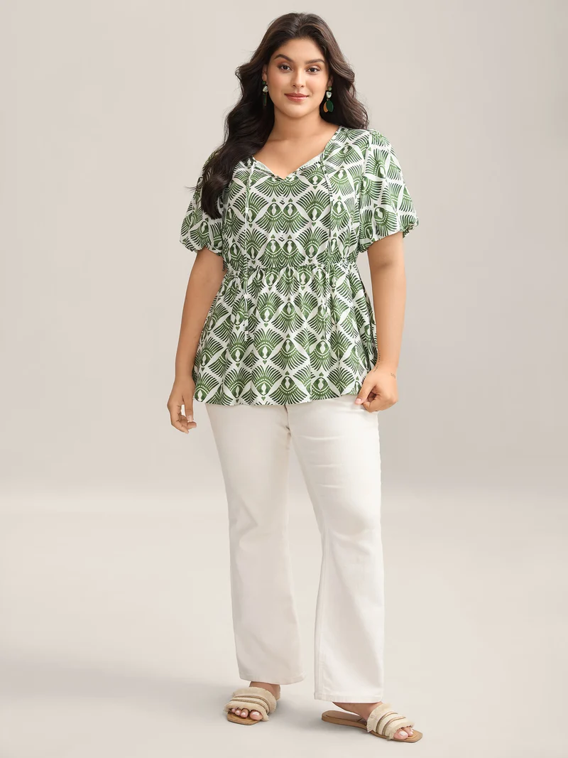 Large Floral Print Flared Sleeve Tie Blouse