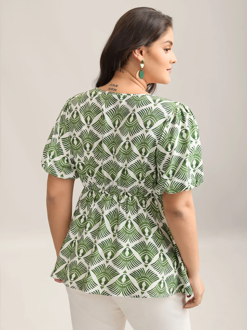 Large Floral Print Flared Sleeve Tie Blouse