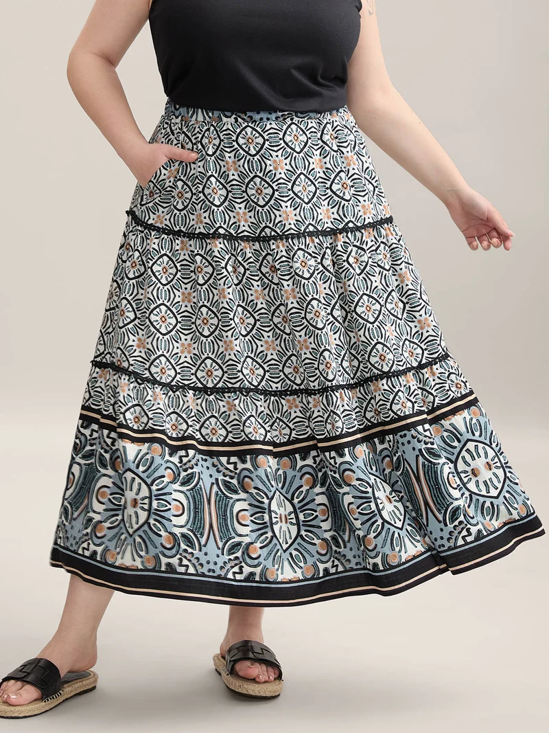Boho Print Spliced Tiered Maxi Skirt