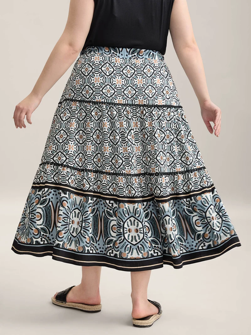 Boho Print Spliced Tiered Maxi Skirt