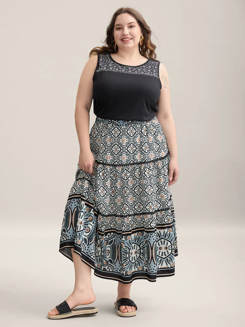 Boho Print Spliced Tiered Maxi Skirt