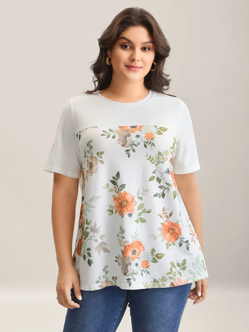Floral Print Spliced Stretchy T-Shirt