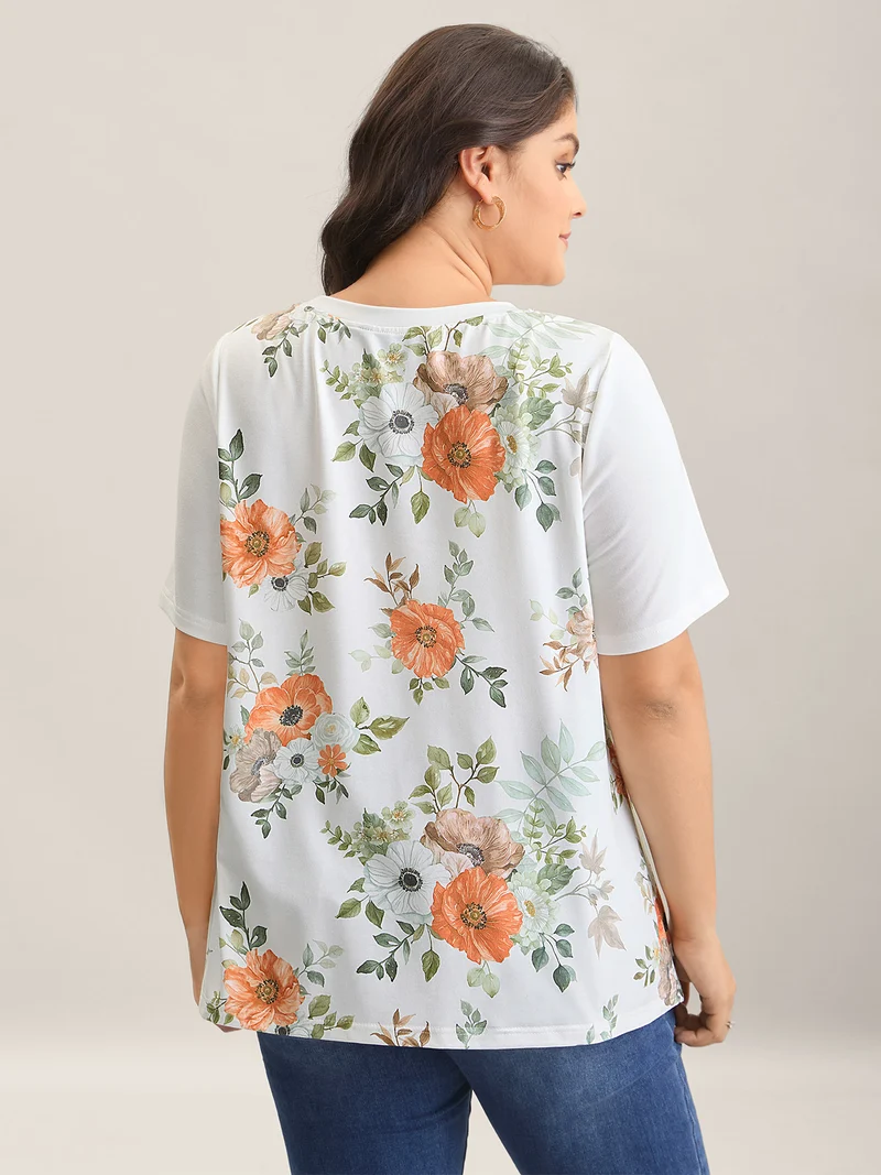 Floral Print Spliced Stretchy T-Shirt
