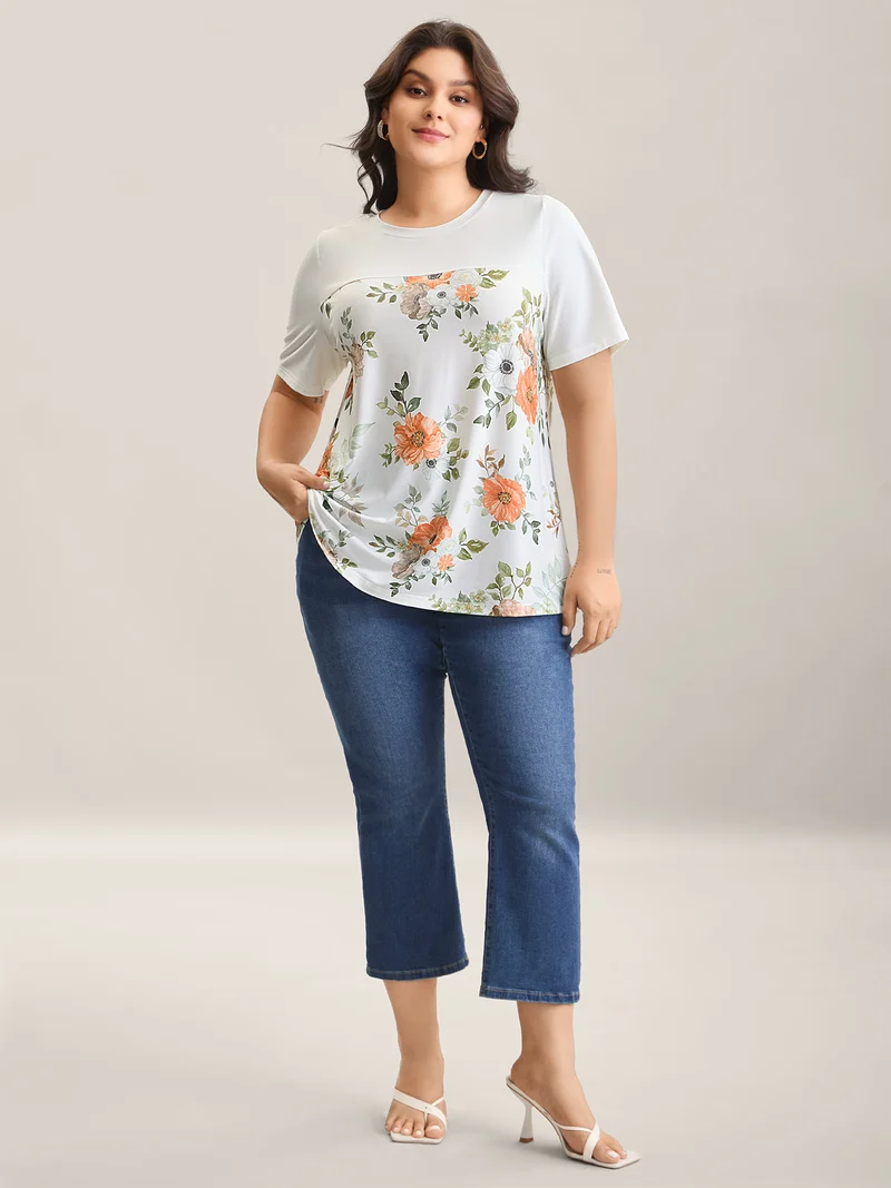 Floral Print Spliced Stretchy T-Shirt